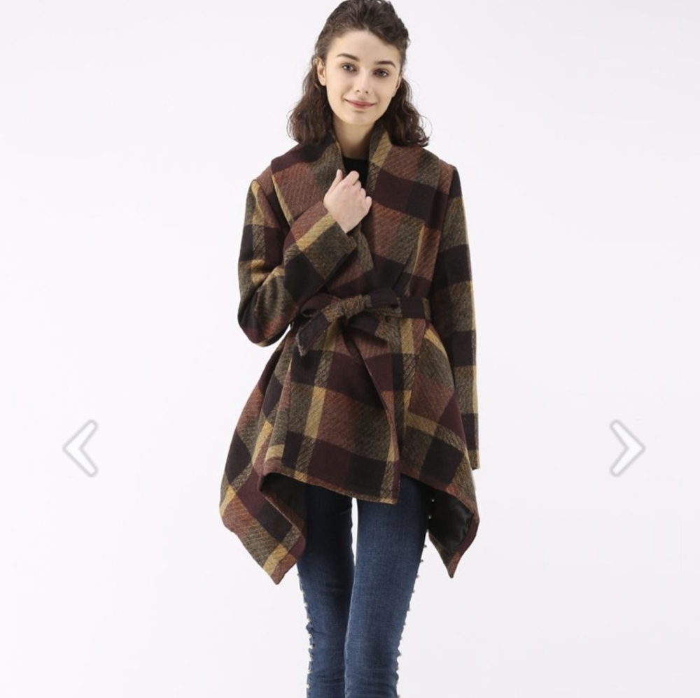 Chicwish Prairie Rabato Wrap Fall Coat Jacket Wool Burgundy/Mustard Yellow Plaid - Picture 8 of 14